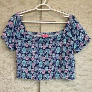 Simply Southern Crop Smocked Puff Sleeve Shirred Top Sz XXL Sea Shells Beach